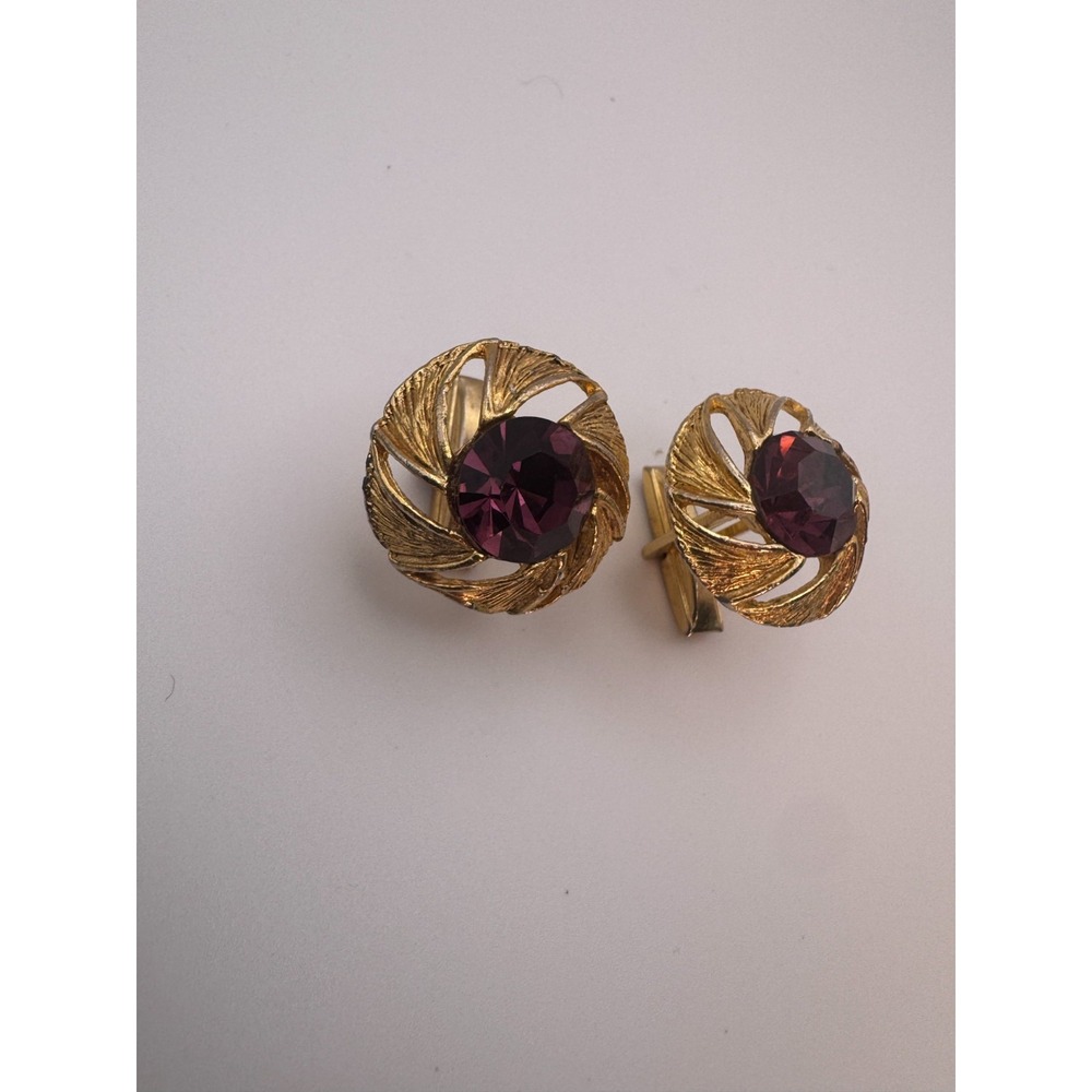 Vintage Brutalist Cufflinks Mid Century Gold Tone Swirl Purple Rhinestone - Picture 4 of 9